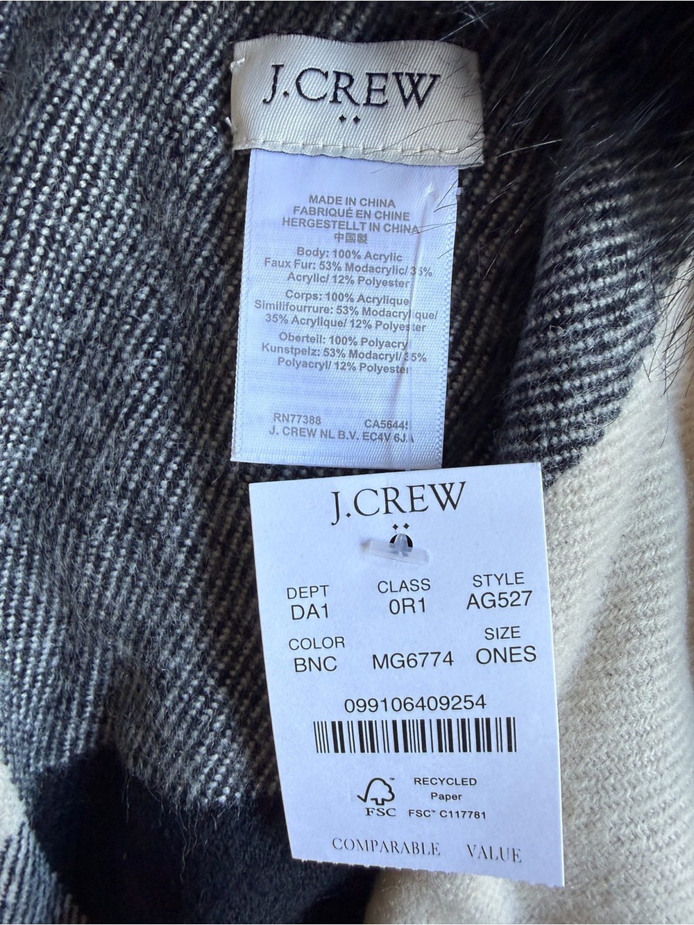 J. Crew Black and Gray Plaid Faux-Fur Collar Poncho - Picture 8 of 8